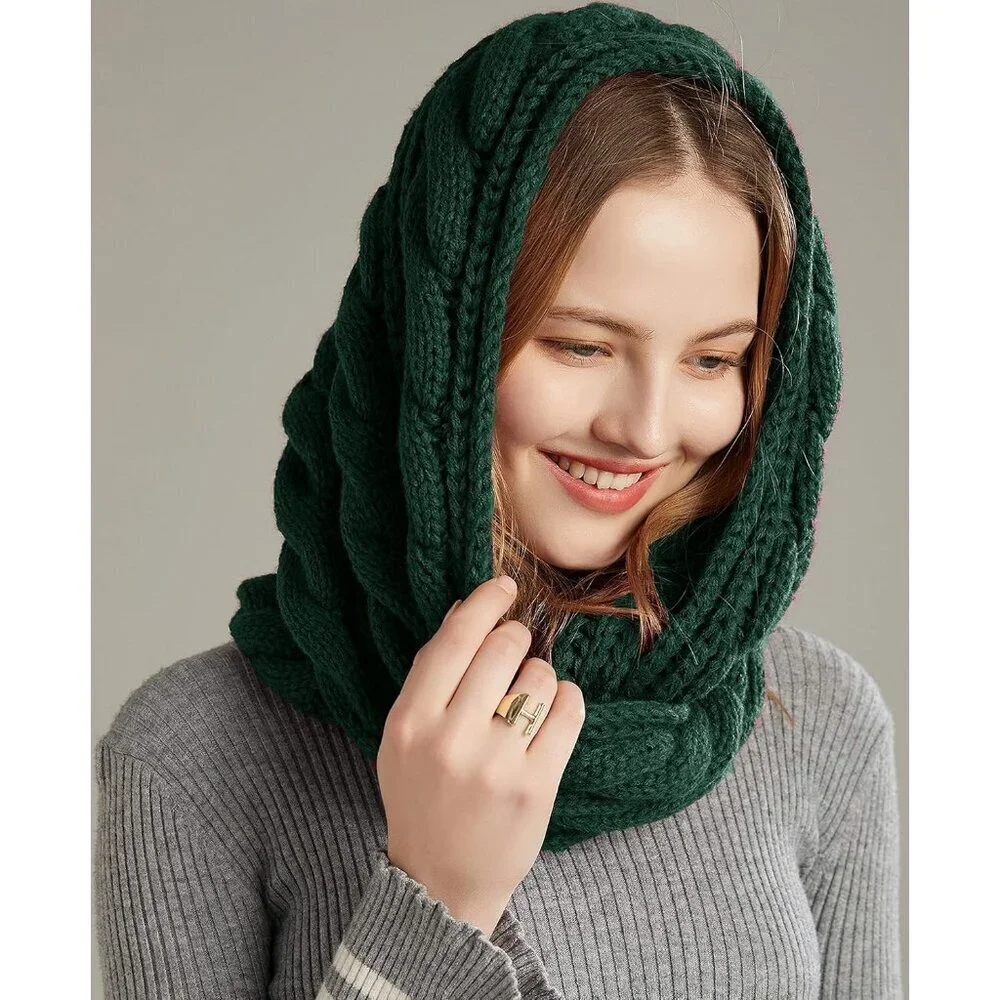 Women's Twist Dark Green Thick Ribbed Knit Winter Infinity Circle Loop Scarf